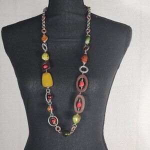 Chico's Vtg Red Green Earth Tone Mix Media Wood Metal Circle Square 38" Necklace